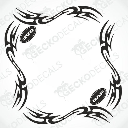 A set of two black and white tribal pattern side window decals for a DAF truck.