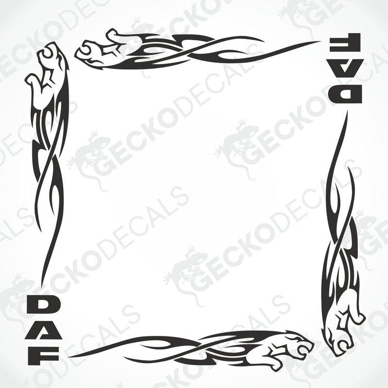 A set of two black tribal patterned decals for DAF side window, designed for use on vehicles.