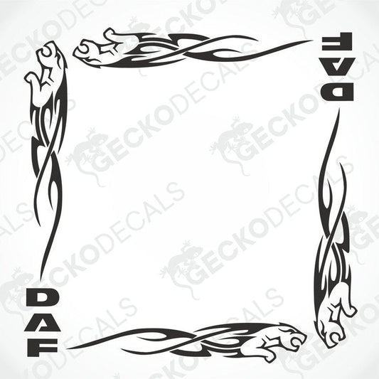 A set of two black tribal patterned decals for DAF side window, designed for use on vehicles.