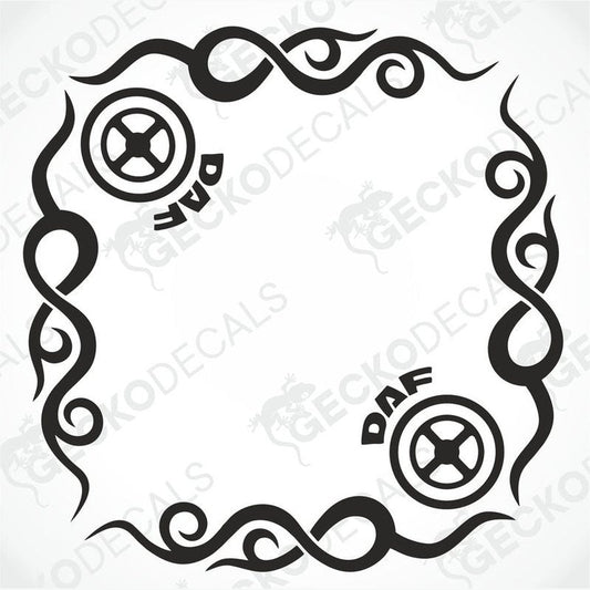 A black and white image of a die cut sticker with tribal pattern design, featuring the brand name 'DAF' and intended for use as a vehicle decal on the side window.