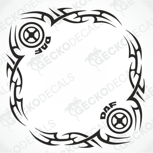 A black and white tribal patterned decal designed for vehicle side windows, featuring the brand name 'DAF'.