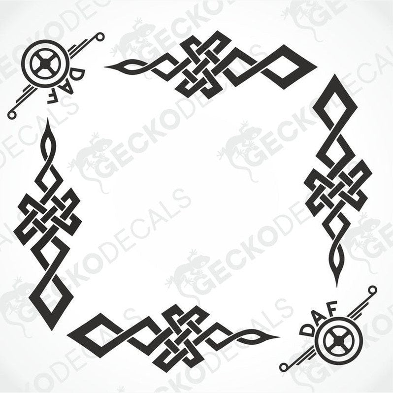 A set of two black tribal patterned decals for vehicle side windows, with visible brand logo 'DAF'.