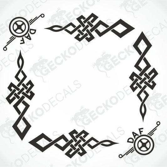 A set of two black tribal patterned decals for vehicle side windows, with visible brand logo 'DAF'.
