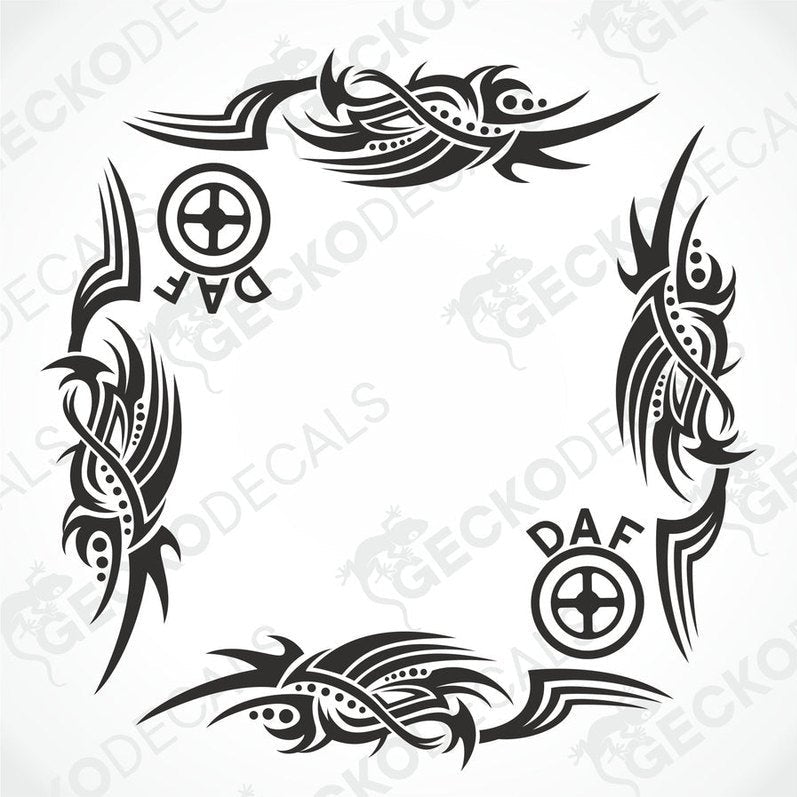 DAF tribal side window decal set with black die-cut vinyl featuring ornate symmetrical motifs and DAF logo