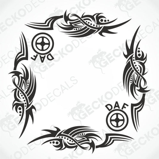 DAF tribal side window decal set with black die-cut vinyl featuring ornate symmetrical motifs and DAF logo