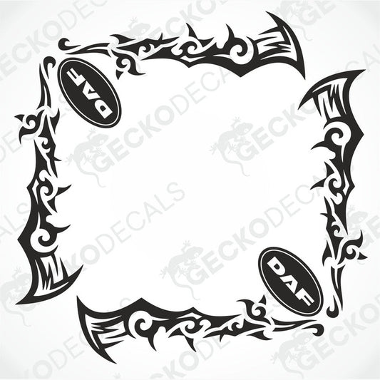 A set of two black tribal patterned side window decals for a DAF truck, displayed against a white background.