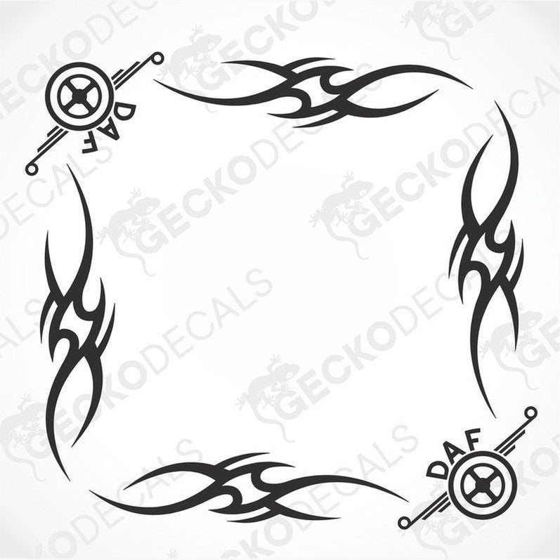 A set of two black and white tribal-style decals for side windows, with the brand name 'DAF' visible.