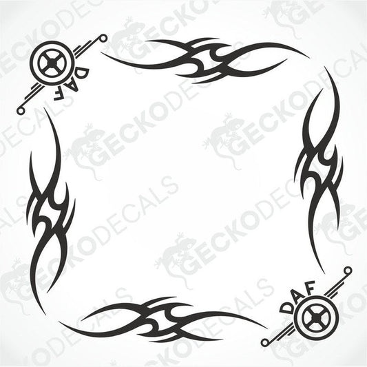 A set of two black and white tribal-style decals for side windows, with the brand name 'DAF' visible.