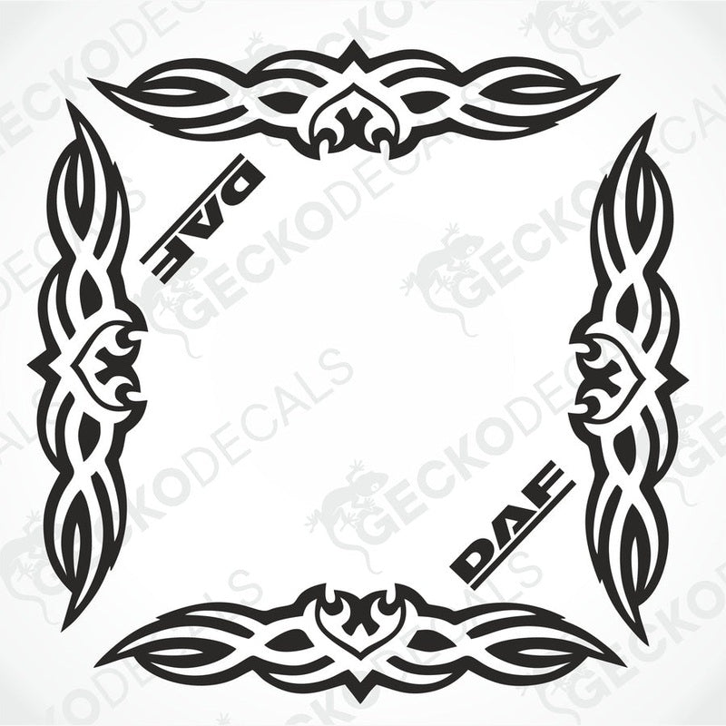 A set of tribal-style decals for DAF side windows, featuring black designs with white accents and circular motifs.