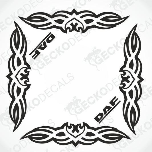 A set of tribal-style decals for DAF side windows, featuring black designs with white accents and circular motifs.
