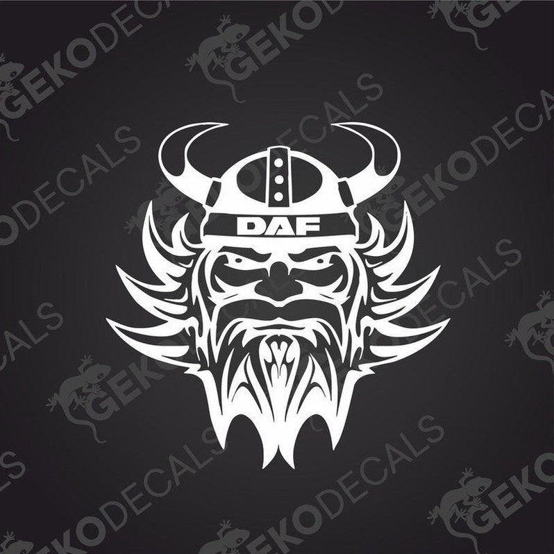 A die cut sticker depicting a stylized Viking head wearing a helmet with the DAF logo.