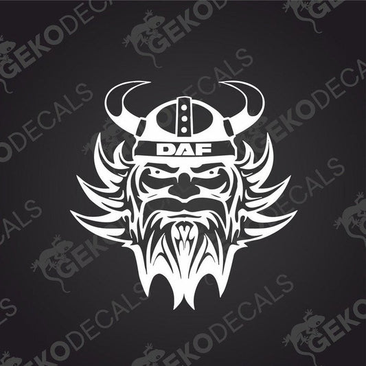 A die cut sticker depicting a stylized Viking head wearing a helmet with the DAF logo.