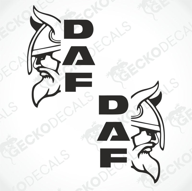 Two black and white stickers with a Viking helmet design and the letter 'DAF' on a white background.