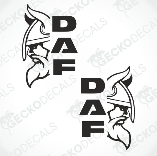 Two black and white stickers with a Viking helmet design and the letter 'DAF' on a white background.