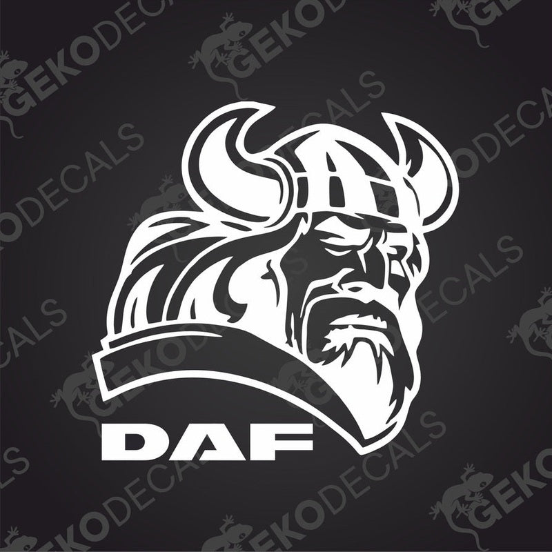 A black and white decal of a Viking helmet with horns, above a banner with the text 'DAF'.