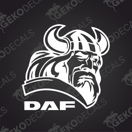 A black and white decal of a Viking helmet with horns, above a banner with the text 'DAF'.