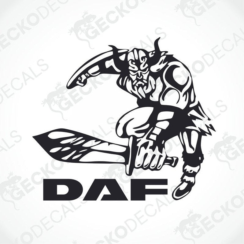 A sticker decal of a Viking character with a sword.