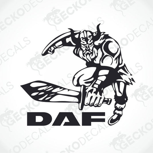 A sticker decal of a Viking character with a sword.
