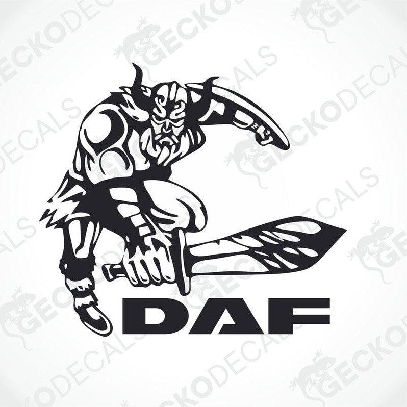 A black and white die cut decal featuring a Viking figure with a sword, alongside the text 'DAF'.