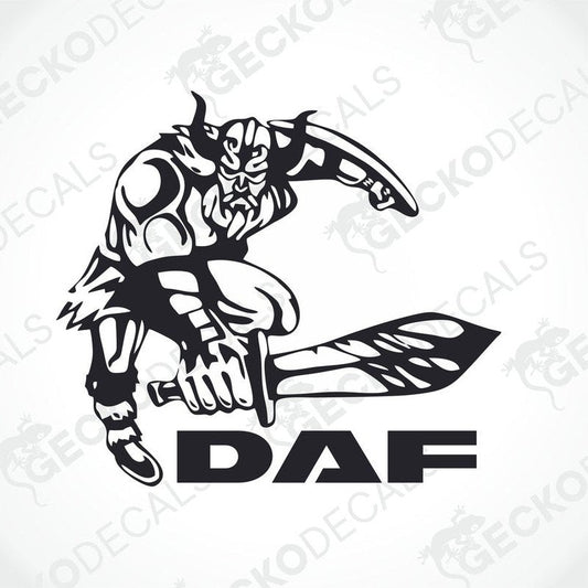 A black and white die cut decal featuring a Viking figure with a sword, alongside the text 'DAF'.