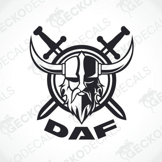 A black and white decal featuring a Viking helmet with horns, crossed swords, and the letters 'DAF' prominently displayed.