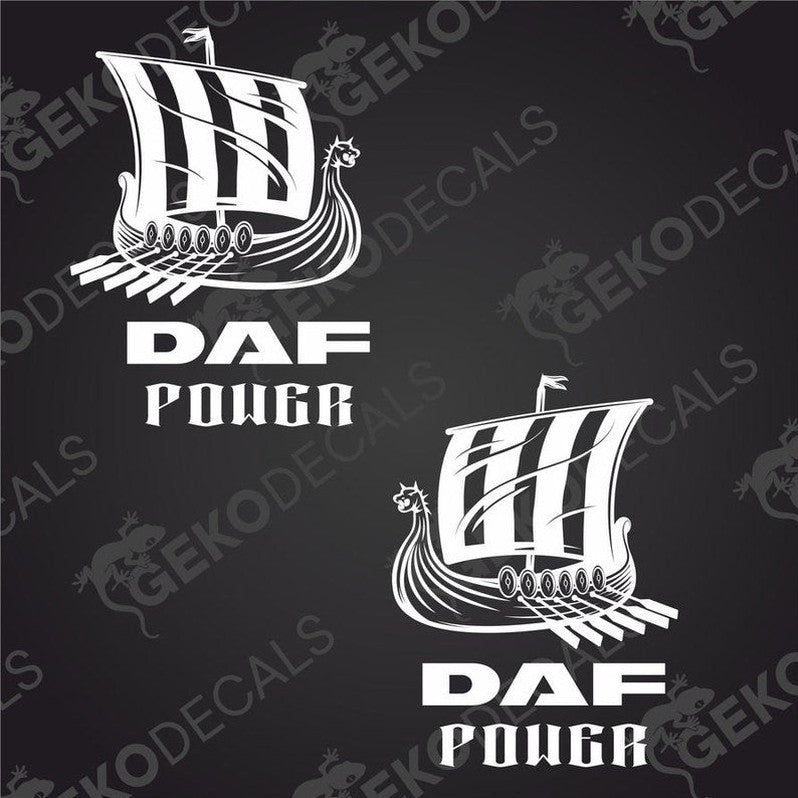 Two black decals with a white design, one featuring a ship and the other featuring the text 'DAF POWER'. Both have the Gecko Decals logo.