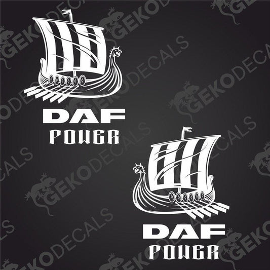Two black decals with a white design, one featuring a ship and the other featuring the text 'DAF POWER'. Both have the Gecko Decals logo.