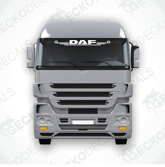 A front view of a DAF truck with a windshield decal displaying the 'DAF' logo.