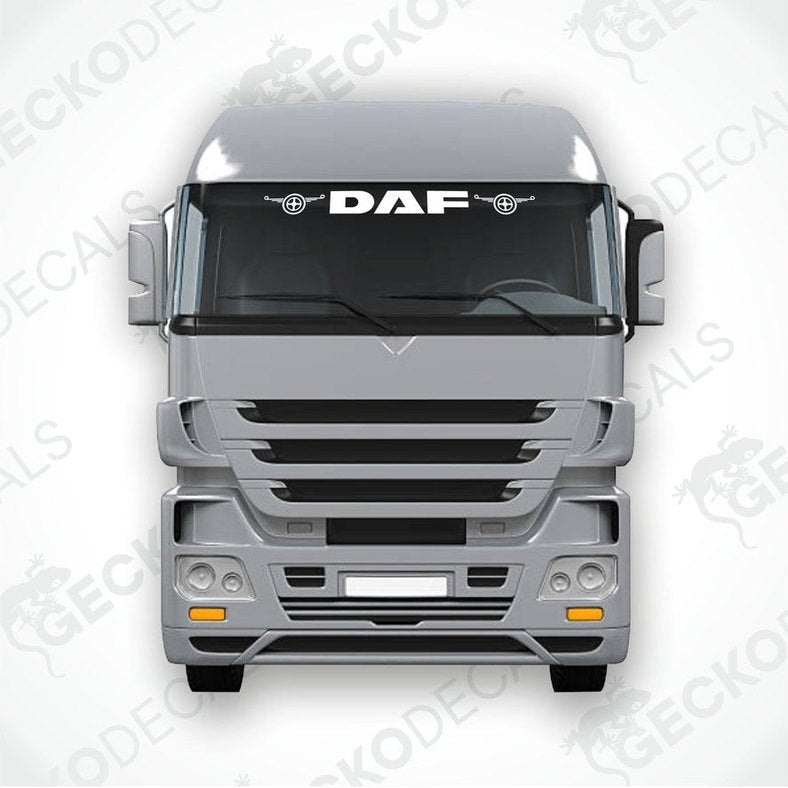 A front view of a DAF truck with a die cut decal on the windscreen.