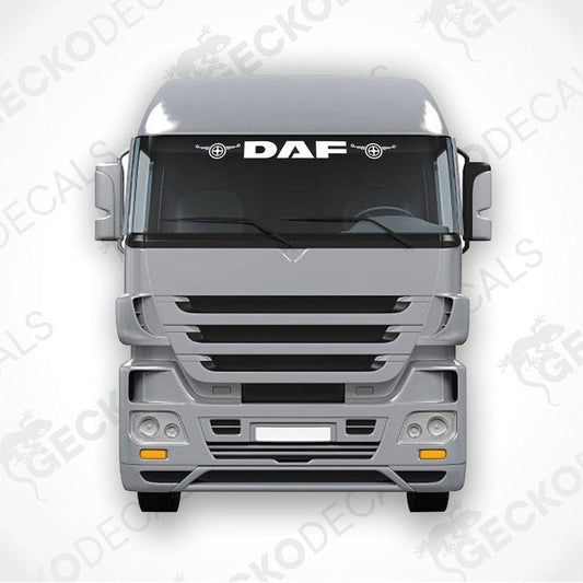 A front view of a DAF truck with a die cut decal on the windscreen.