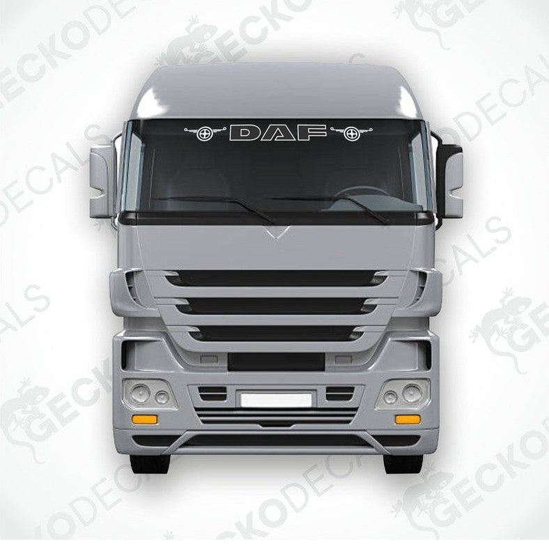 A front view of a DAF truck with a die cut decal on the windscreen.