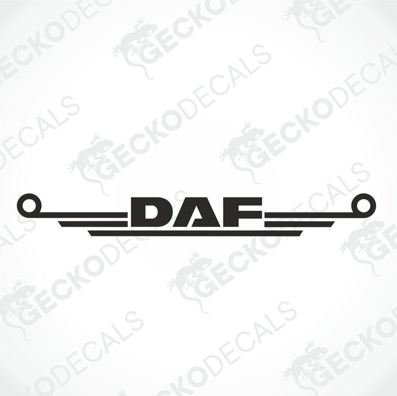 A die cut decal with the text 'DAF' displayed on the front windscreen of a gray truck. The decal is black and appears to be a transfer paper type.