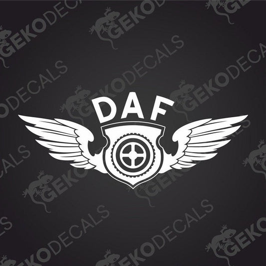 A die cut decal with the text 'DAF' and wings designed like a shield crest, delivered on transfer paper.