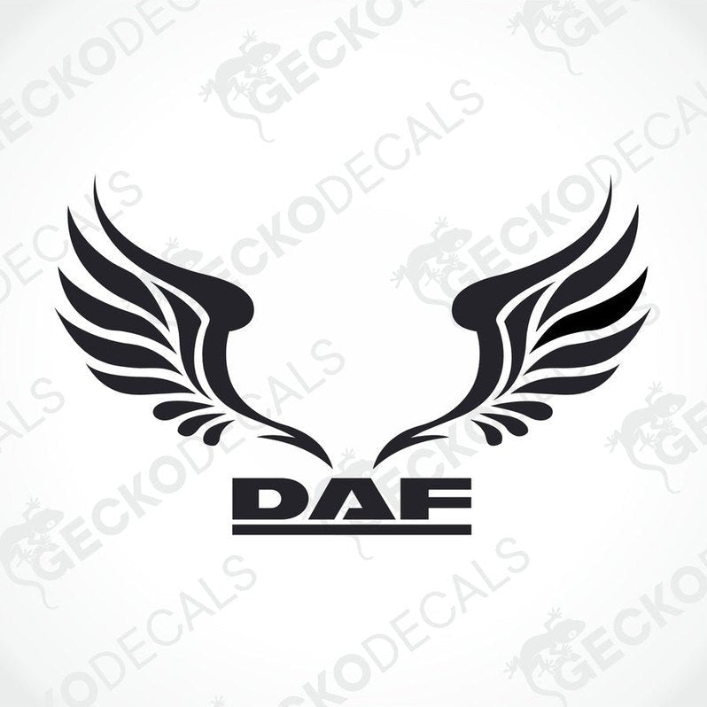 A sticker with a design resembling two wings forming a letter 'D' with the brand name 'DAF' in the center, delivered on a white background.