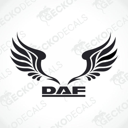 A sticker with a design resembling two wings forming a letter 'D' with the brand name 'DAF' in the center, delivered on a white background.