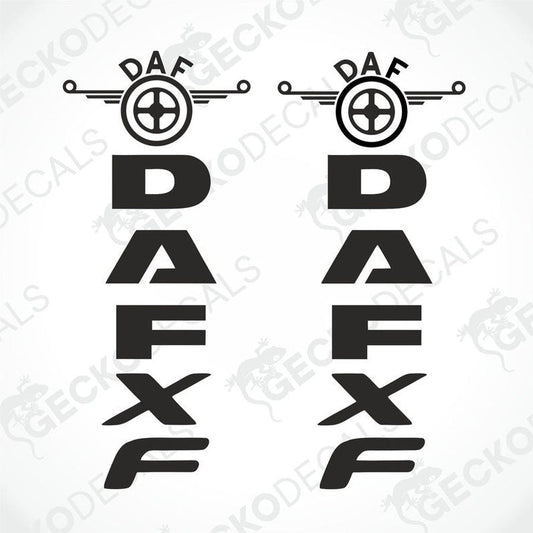 Two black decals for DAF XF trucks, with the DAF logo and the letter 'XF' in white.