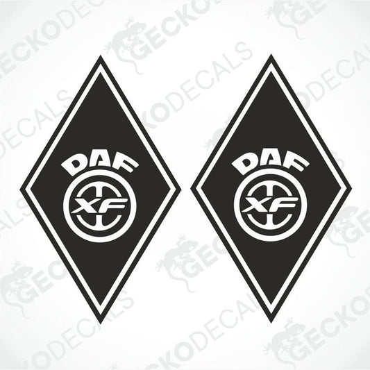 Two black and white diamond-shaped car stickers with the DAF XF logo