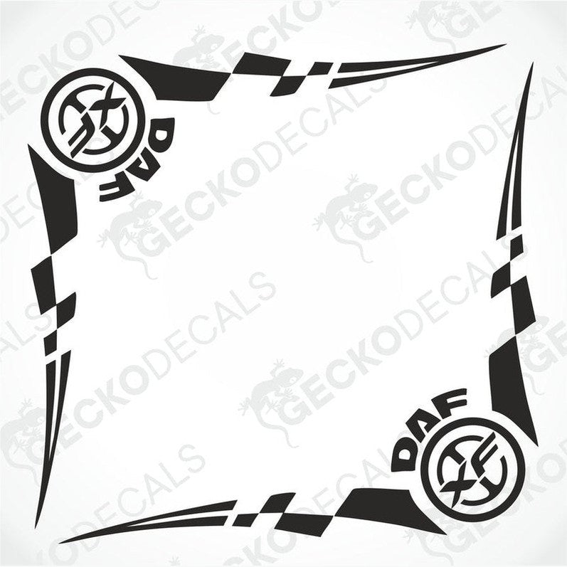 A set of two black decals for the side window of a DAF XF truck, featuring the DAF logo and geometric designs.