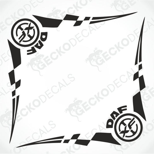 A set of two black decals for the side window of a DAF XF truck, featuring the DAF logo and geometric designs.