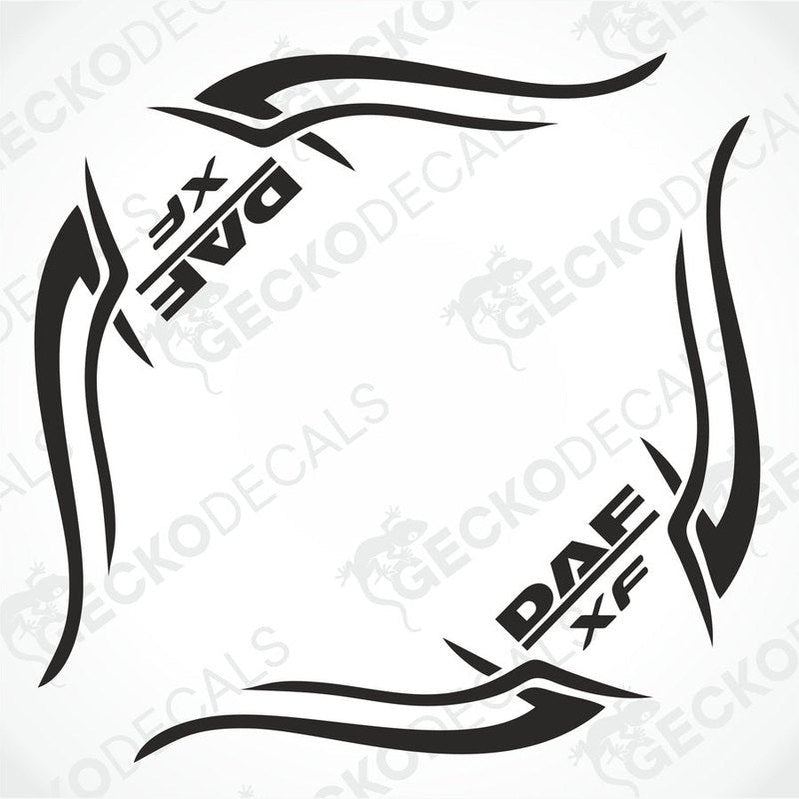 A set of two black tribal style side window decals for a DAF XF truck, with the DAF and XF logos visible.