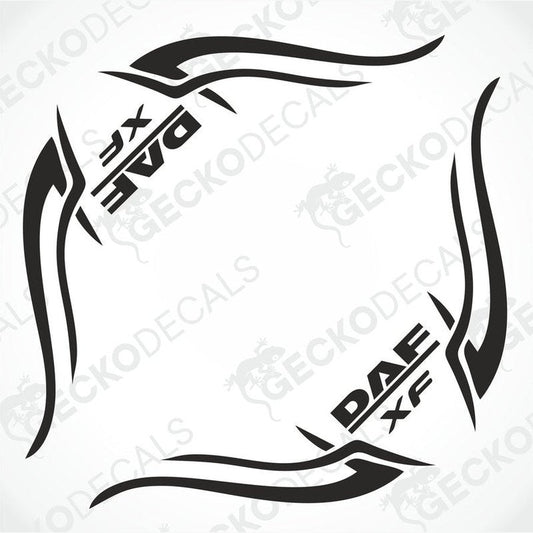 A set of two black tribal style side window decals for a DAF XF truck, with the DAF and XF logos visible.