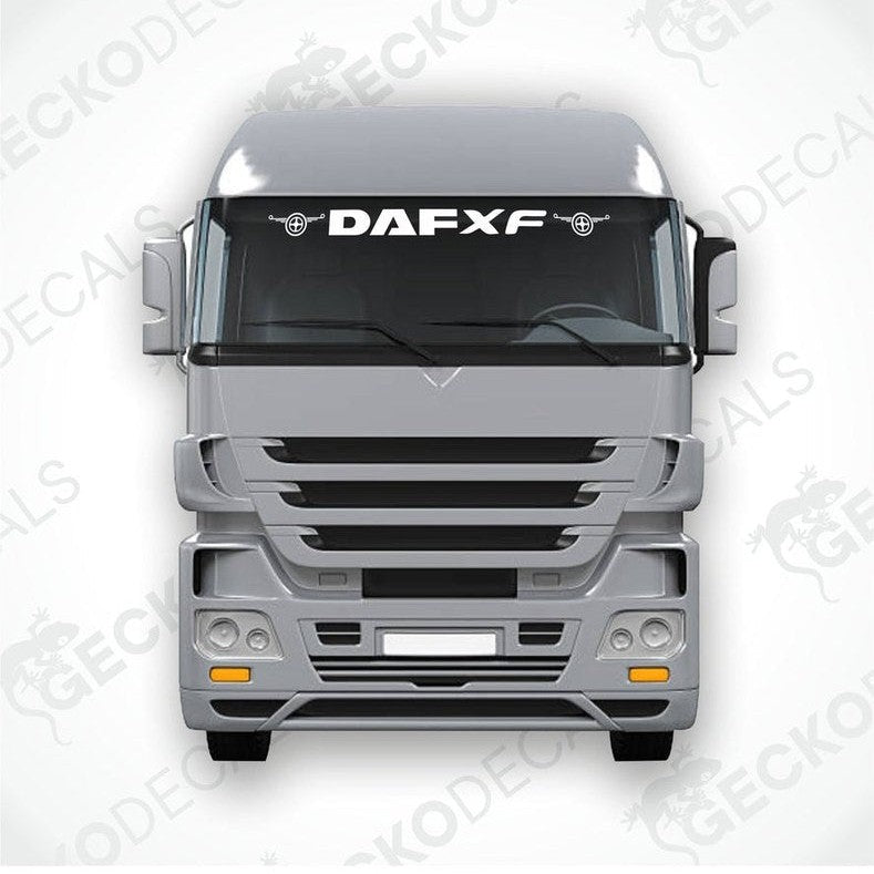 A die cut decal with the text 'DAFXF' displayed on the front windscreen of a gray truck. The decal is black and appears to be a transfer paper type.