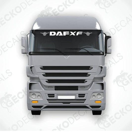 A die cut decal with the text 'DAFXF' displayed on the front windscreen of a gray truck. The decal is black and appears to be a transfer paper type.