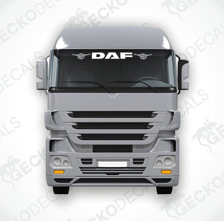 A front view of a DAF XF truck windscreen with a die-cut decal on it.