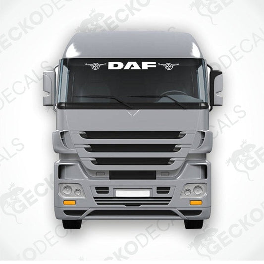 A front view of a DAF XF truck windscreen with a die-cut decal on it.