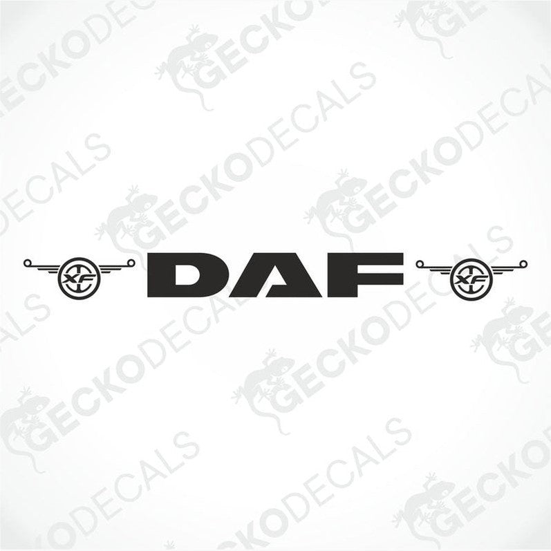 A front view of a DAF XF truck windscreen with a die-cut decal on it.