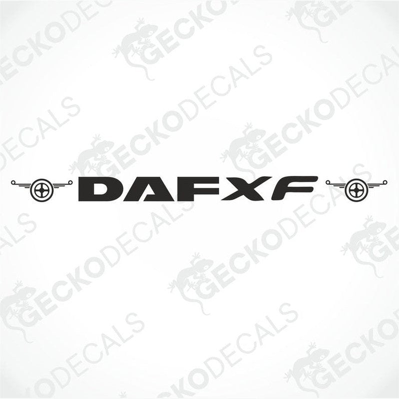 A die cut decal with the text 'DAFXF' displayed on the front windscreen of a gray truck. The decal is black and appears to be a transfer paper type.