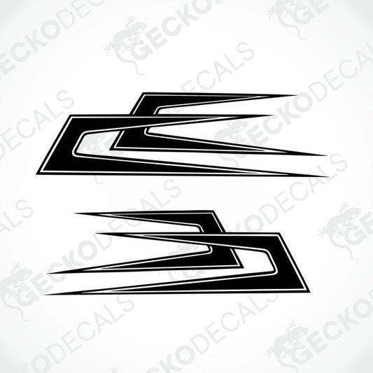 A pair of black and white geometric arrow-shaped decals designed for use on vehicles.