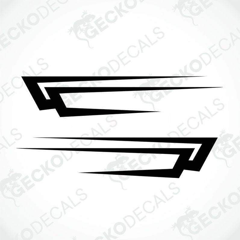 Two black and white arrow-shaped decals intended for use on vehicles, displayed on a transparent background.