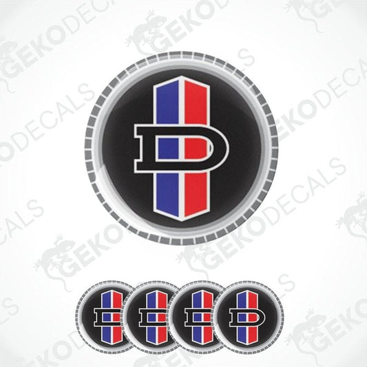 A set of vinyl decals with a geometric pattern and a prominent letter 'DATSUN' in red, blue, and white colors.